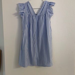 Baby blue and white vertical striped dress with ruffle shoulder.
